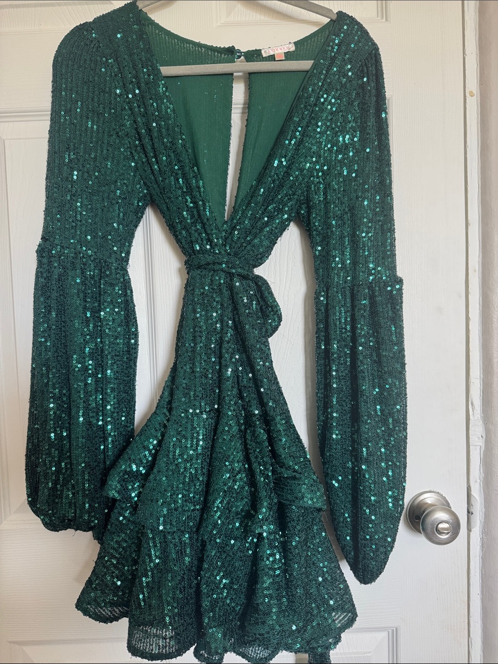 Luxxel Emerald Green Sequin Long Sleeve Wrap Dress